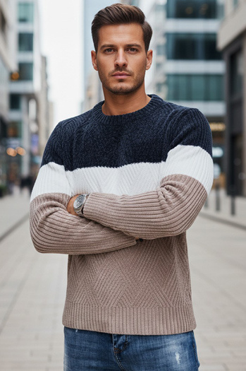 Moški pulover z okroglim izrezom mornarsko modra in bež barva Dstreet WX2321