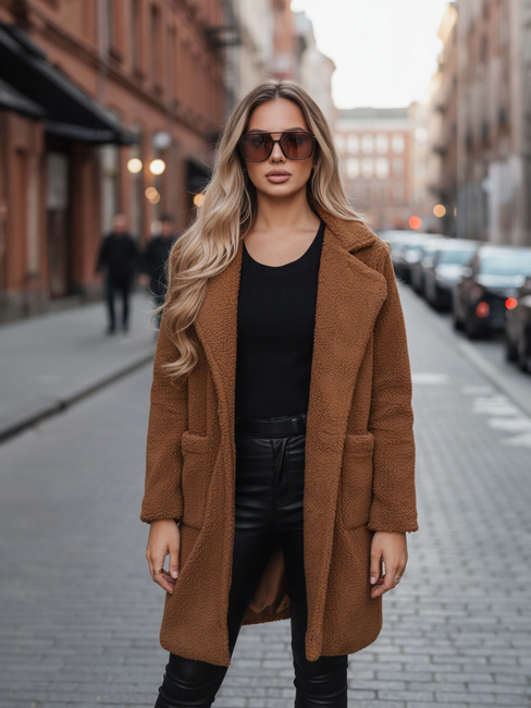 Ženski zimski plašč teddy krzno rjave barve Dstreet NY0752z