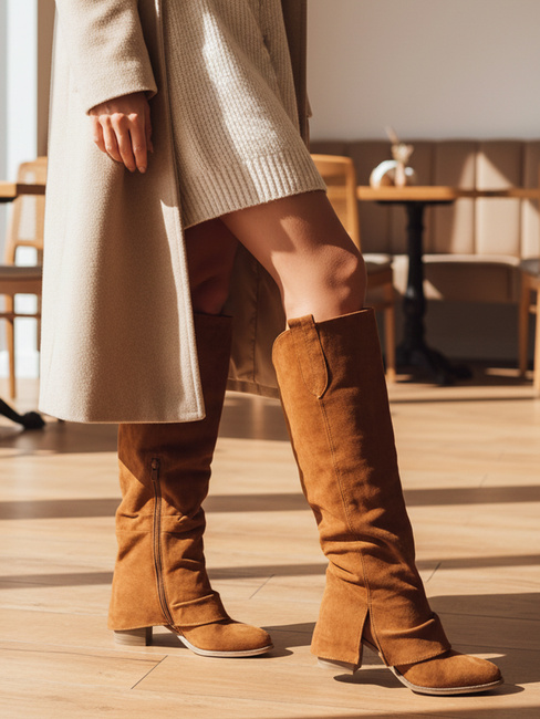 Ženski škornji Dstreet ZY1309 iz kameljega semiša