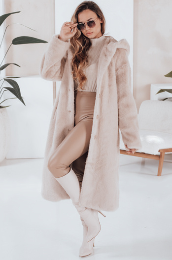 Ženski krznen plašč HELLOCHIC long beige Dstreet TY4987