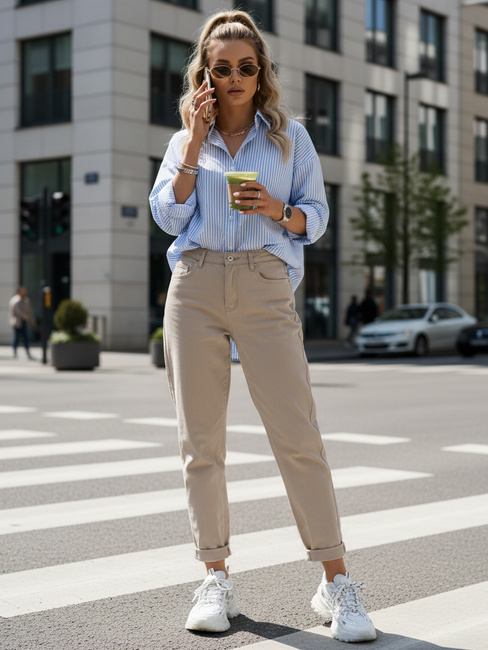 Ženske kavbojke mom fit z visokim pasom v bež barvi Dstreet UY2872