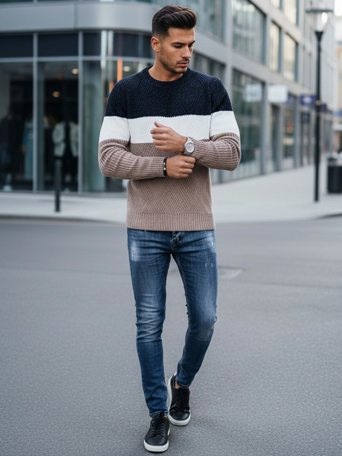 Moški pulover z okroglim izrezom mornarsko modra in bež barva Dstreet WX2321