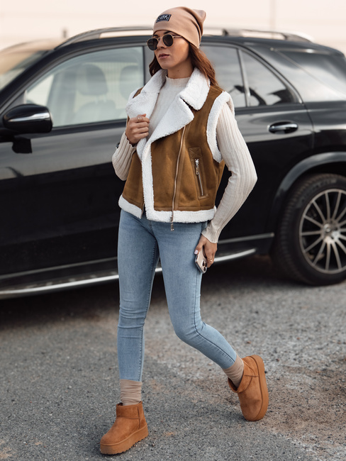 Ženski telovnik iz semiša z ovčjo kožo WOOLZIP camel Dstreet TY4741
