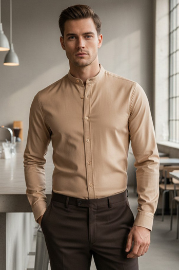 Moška bež srajca v bež barvi s pokončnim ovratnikom Dstreet DX2601