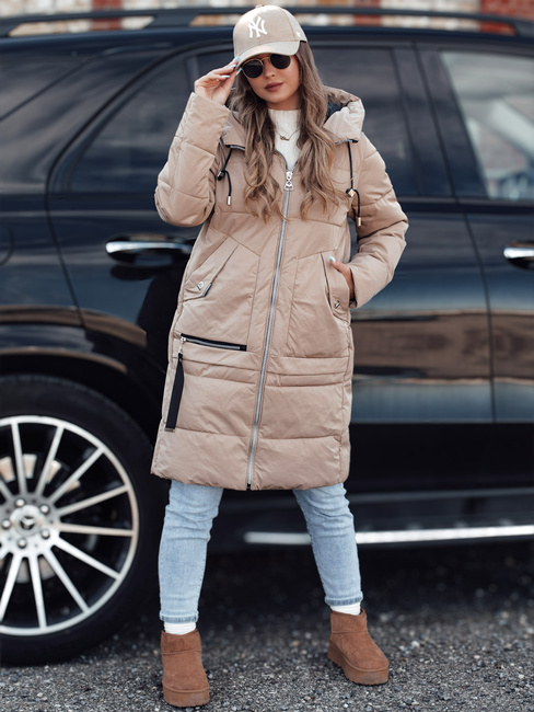 Ženska zimska jakna NORFFI dolga prešita s kapuco bež Dstreet TY4662