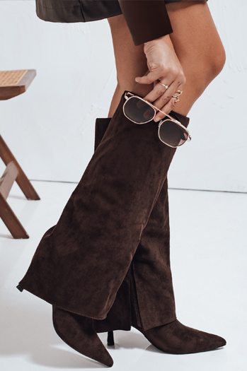 Ženski škornji iz semiša s širokim zgornjim delom rjave barve Dstreet ZY1043