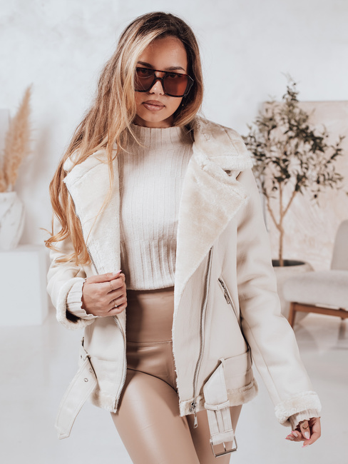 Ženska usnjena jakna NORFDIMA z ovčjo kožo bela Dstreet TY4735