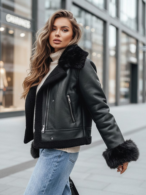 Ženska usnjena jakna z umetnim krznom črna Dstreet TY5244z