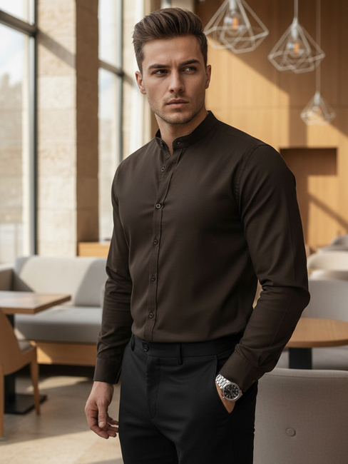 Moška srajca s pokončnim ovratnikom rjave barve Dstreet DX2678