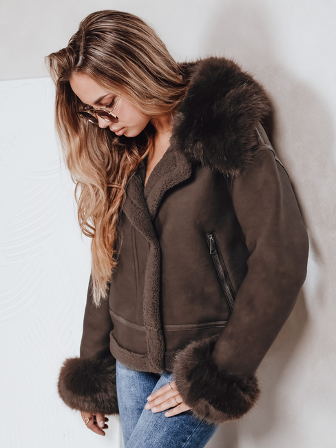 Ženska usnjena jakna s krznom rjave barve Dstreet TY5243
