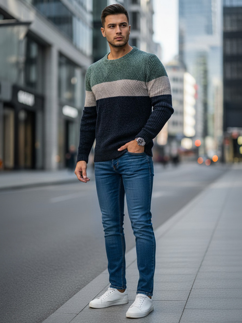 Moški pulover z okroglim izrezom zelene in mornarsko modre barve Dstreet WX2319