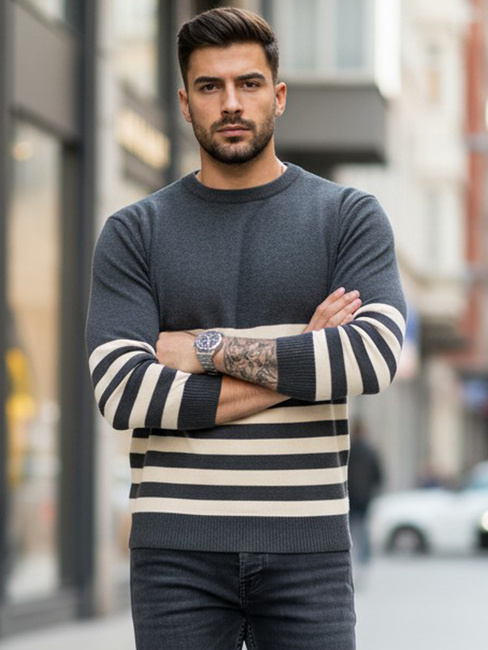 Moški črtast pulover Barva Temno siva DSTREET WX2133