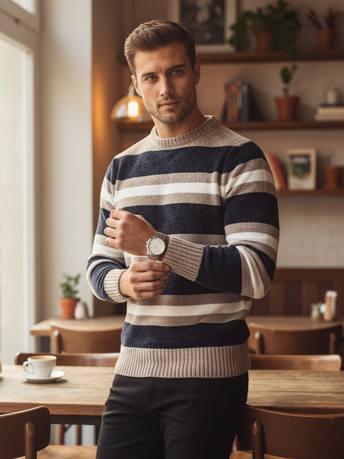 Moški črtasti pulover v mornarsko modri barvi Dstreet WX2263